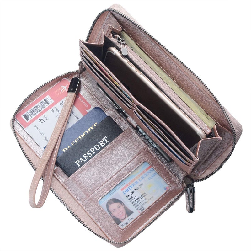 Bveyzi منظم مستندات السفر حجب RFID جلد محفظة جواز سفر متعددة حامل عائلة حزام معصم (ذهب وردي) - Image 2